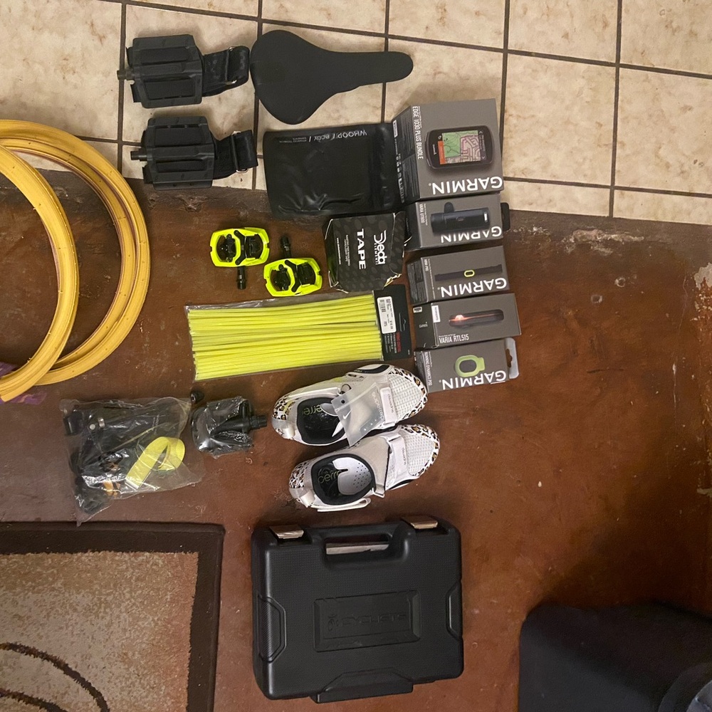 Cycling Gear Set with White Shoes and Garmin Accessories